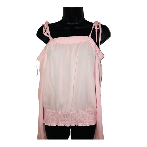 Pink cold shoulder sheer long sleeve smocked cuff waist blouse top size‎ medium - Picture 9 of 10